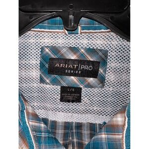Ariat Pro Series Mens Large Teal Brown Plaid Long Sleeve Western Button Down Sht